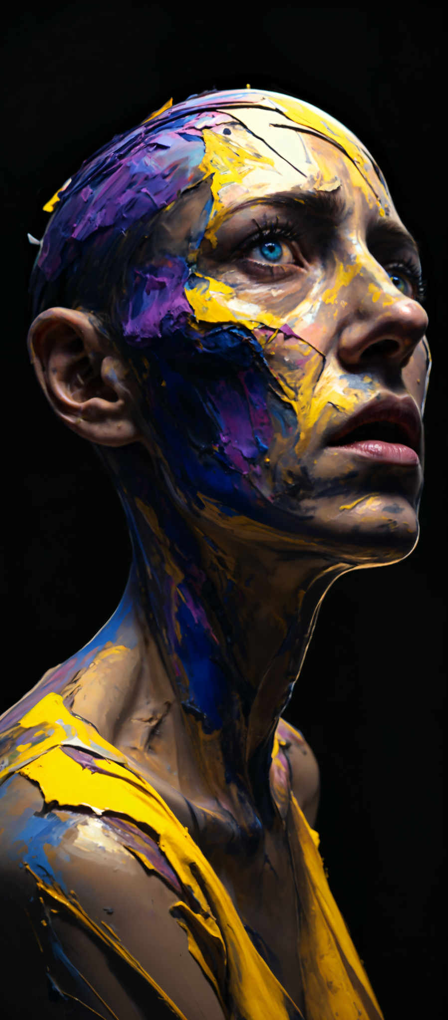 A close up of a person's face with blue and yellow paint on it.