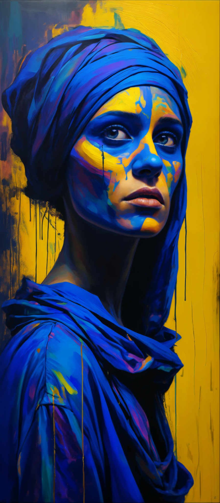 A woman with blue and yellow paint on her face and hair.