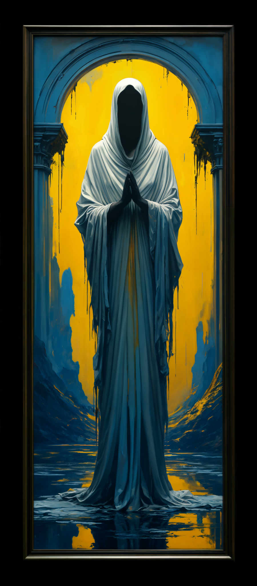 A blue and yellow painting of a woman in a robe.