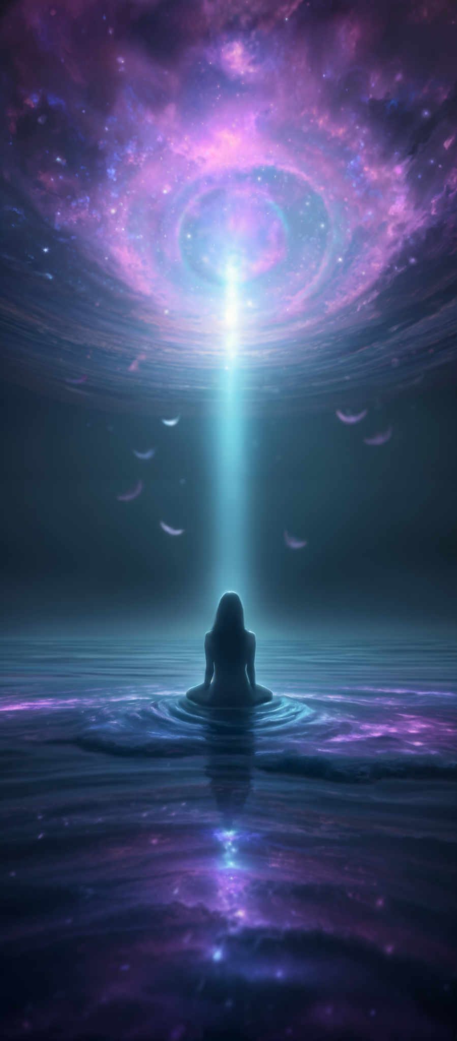 A woman in a blue dress is sitting in a body of water under a bright light.