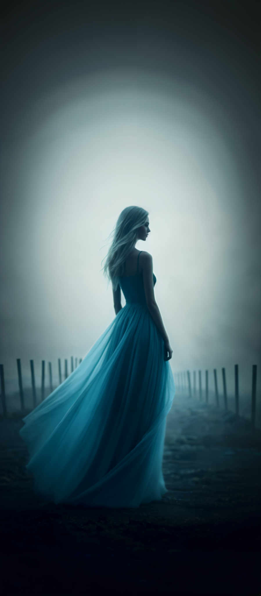 A woman in a blue dress stands in front of a foggy background.