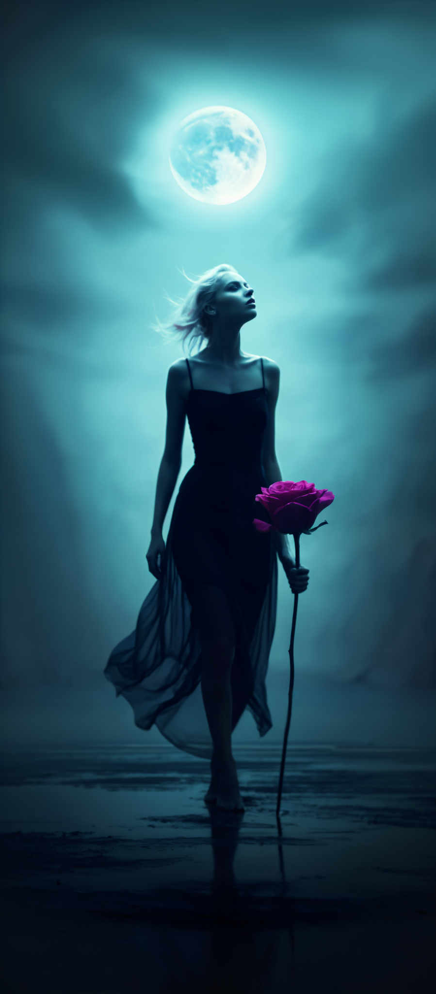 A woman in a black dress holds a pink rose.