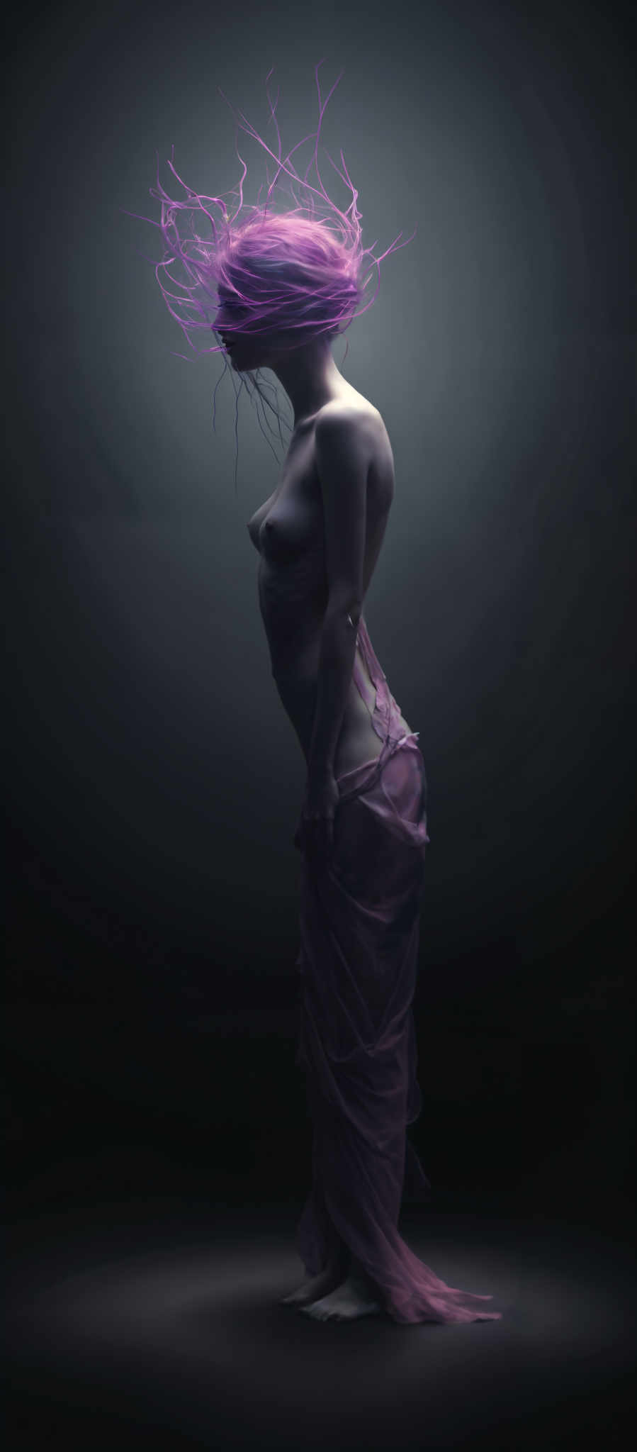 A woman in a purple dress stands in a dark room.