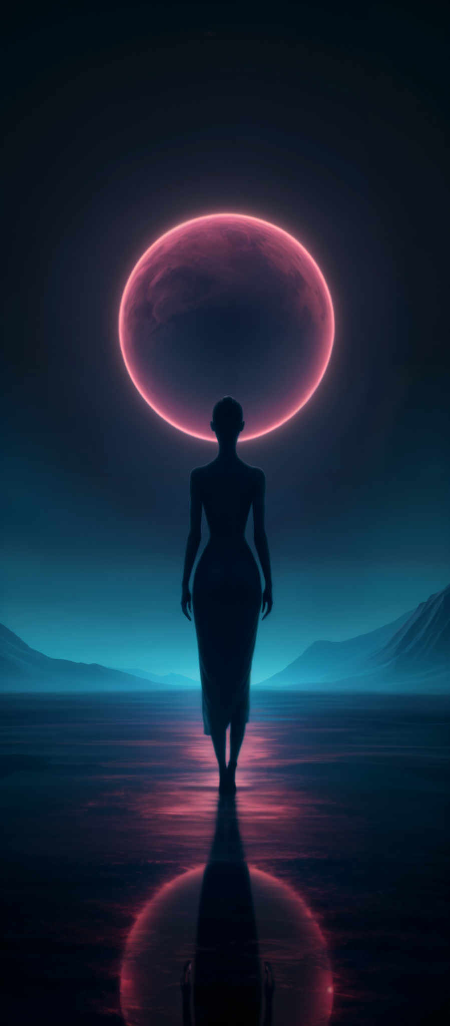 A woman in a long dress stands in front of a large pink moon.