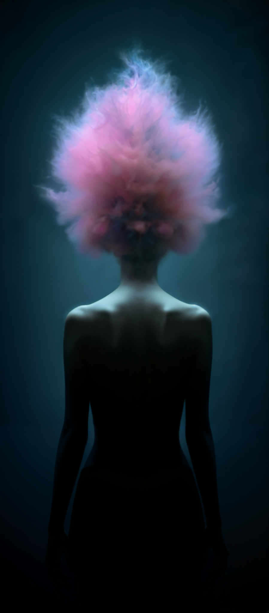 A woman with a large pink cloud-like hairdo stands in a dark blue background.