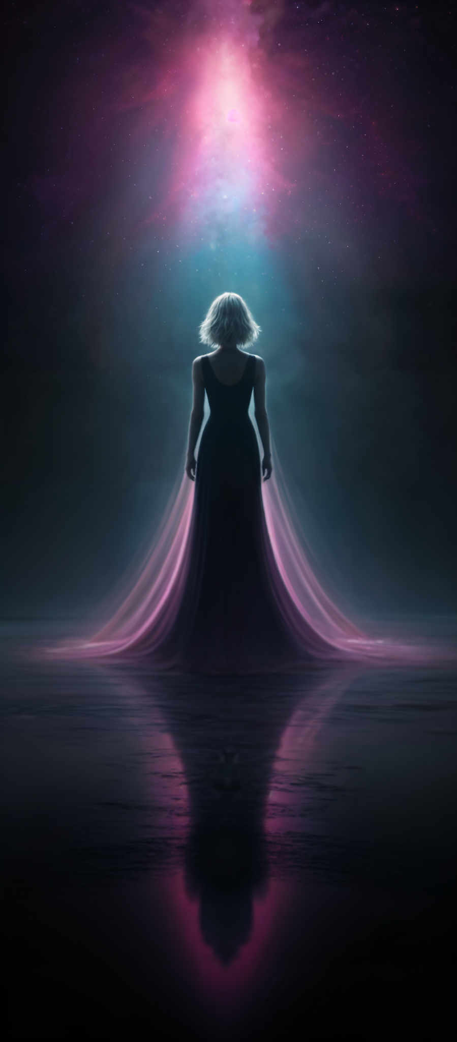 A woman in a long black dress stands in a room with a blue light.