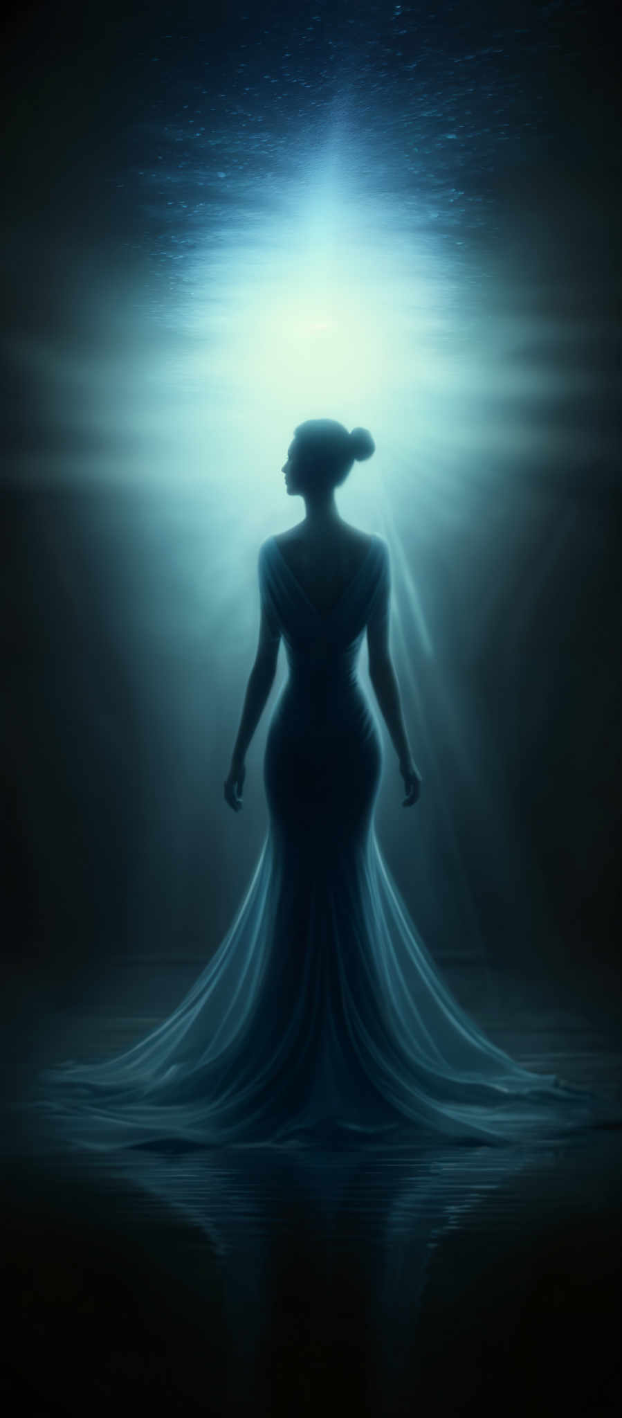 A woman in a blue dress stands in a dark room with a radiant light shining down on her.