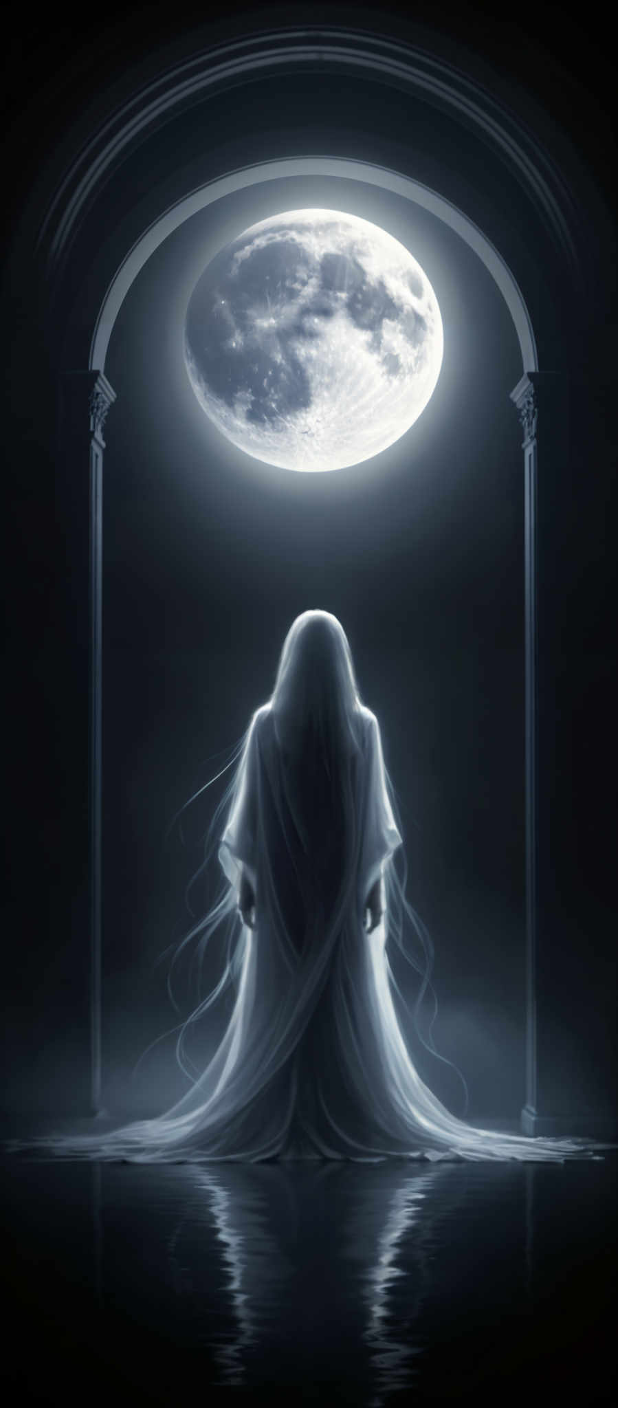 A ghostly figure in a white robe stands in front of a full moon.