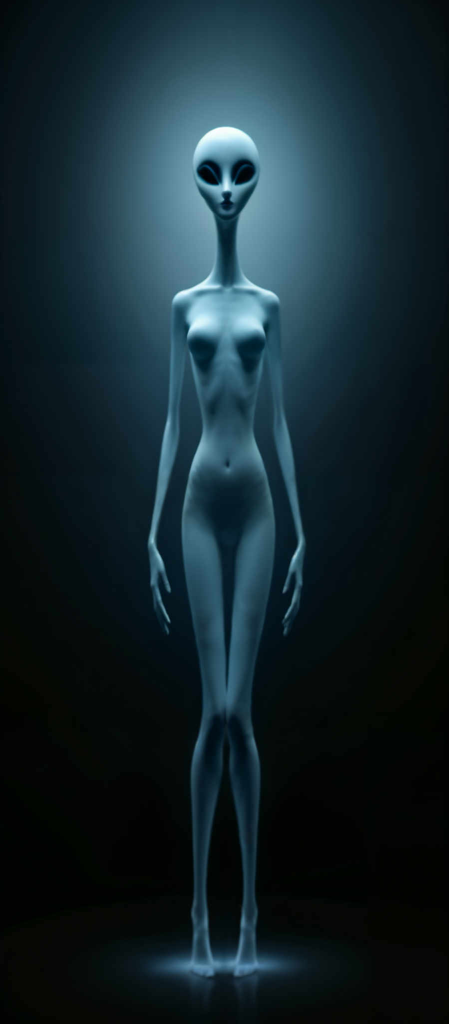 A blue humanoid figure with a large head and small body stands in a dark room. The figure has a large chest and small waist and its arms are extended to the sides. The background is dark with a faint blue light illuminating the figure. The image is a digital rendering.