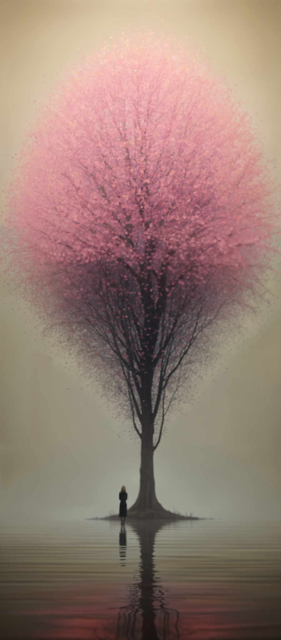 A tree with pink leaves is the main focus of this image.