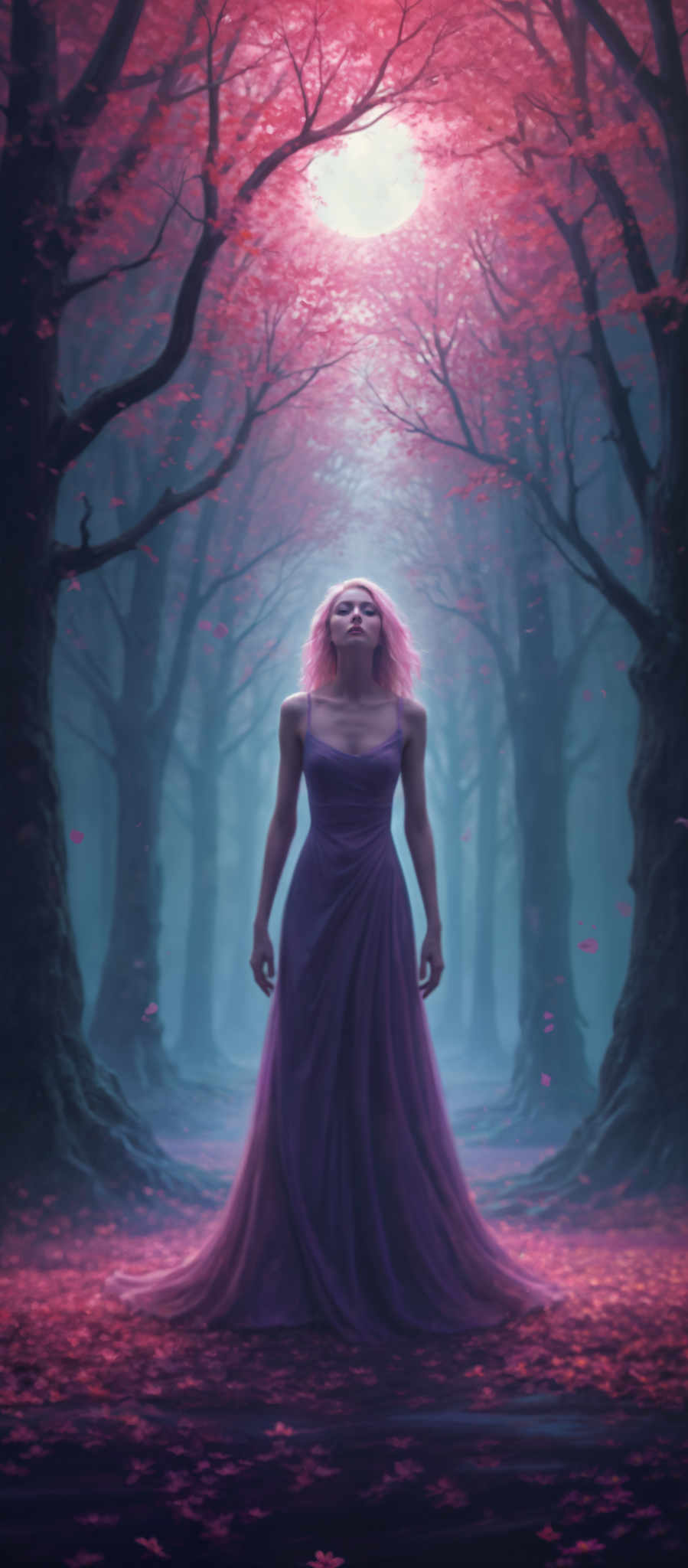 A woman in a purple dress stands in a forest of trees.