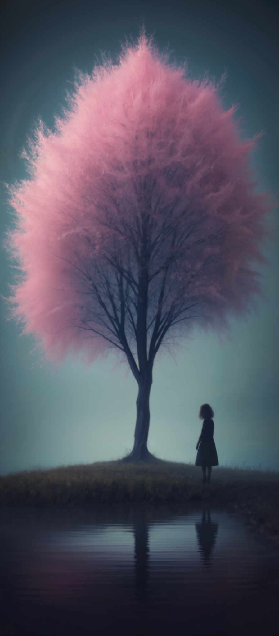 A woman stands in front of a tree with pink leaves.