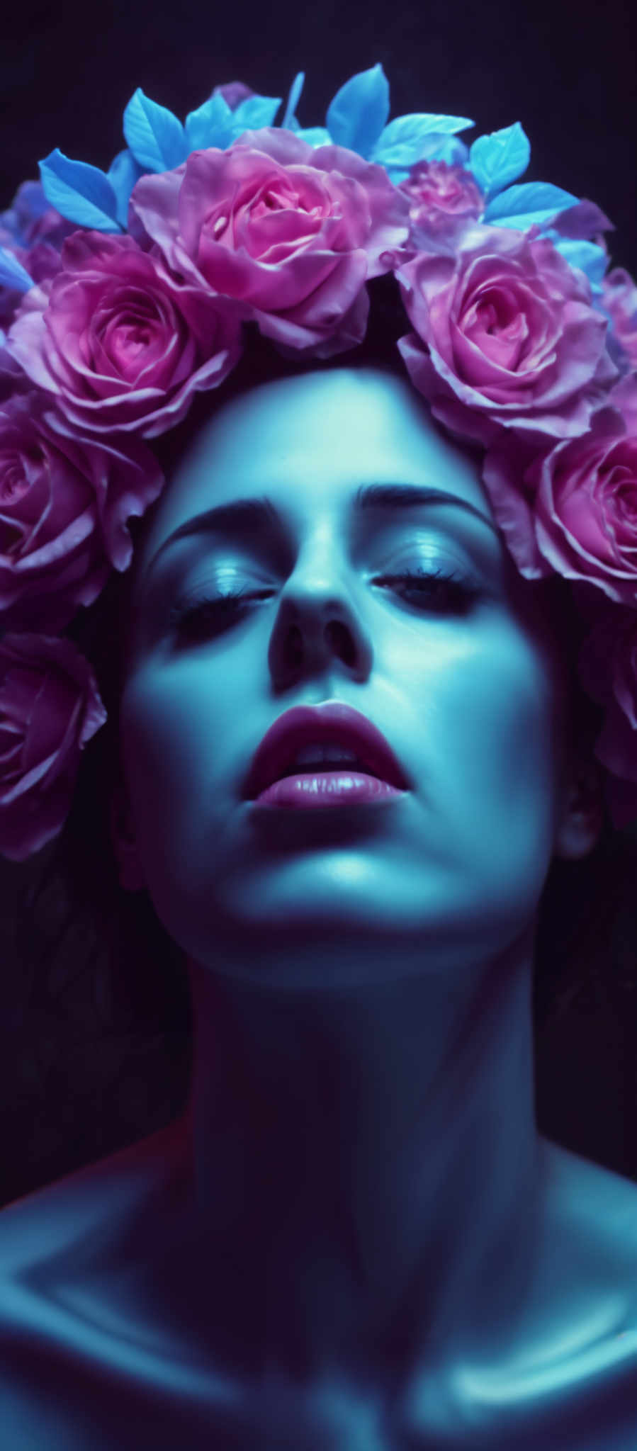 A woman with blue skin and pink lips is wearing a crown of purple roses.