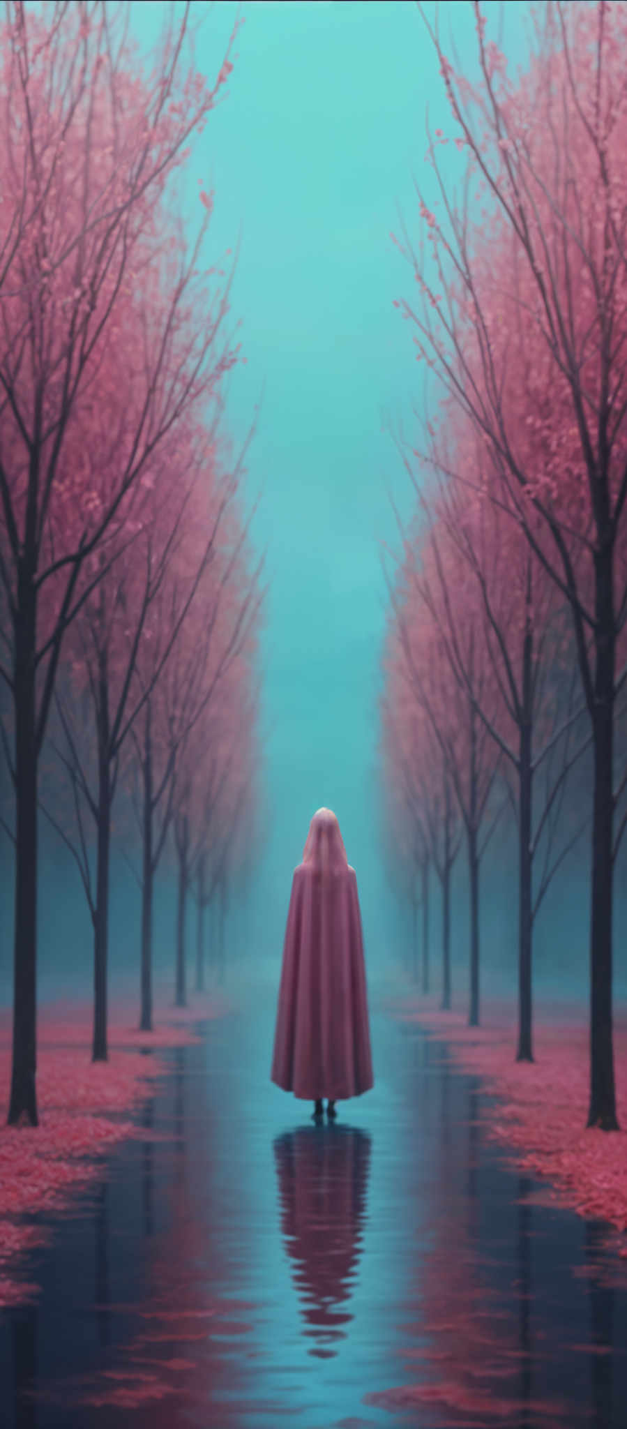 A woman in a pink robe stands in a forest of pink trees.