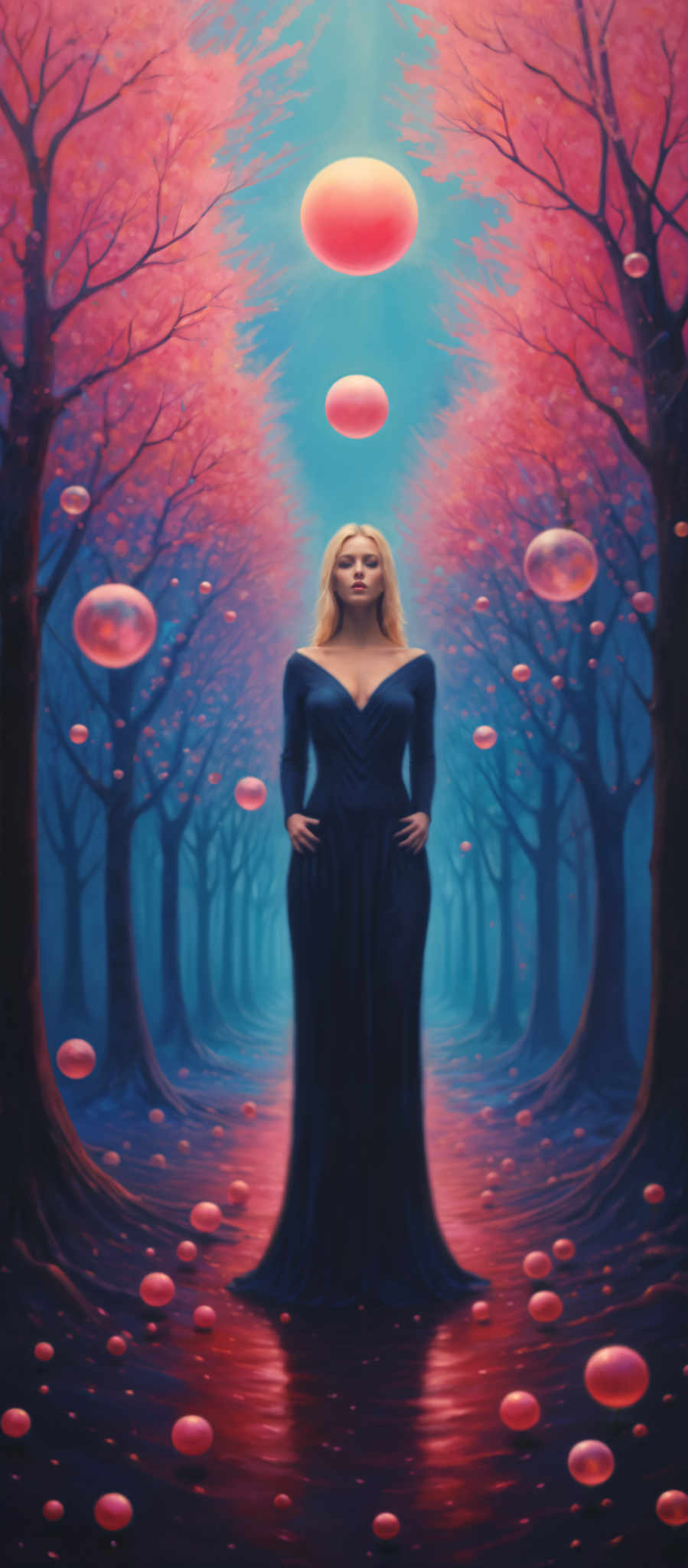 A blonde woman in a blue dress stands in a forest of trees with pink and purple bubbles floating around her.