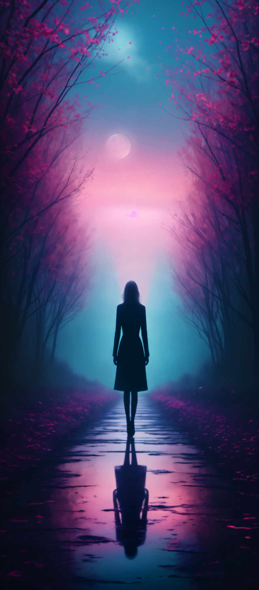 A woman in a long black dress walks down a path surrounded by trees.