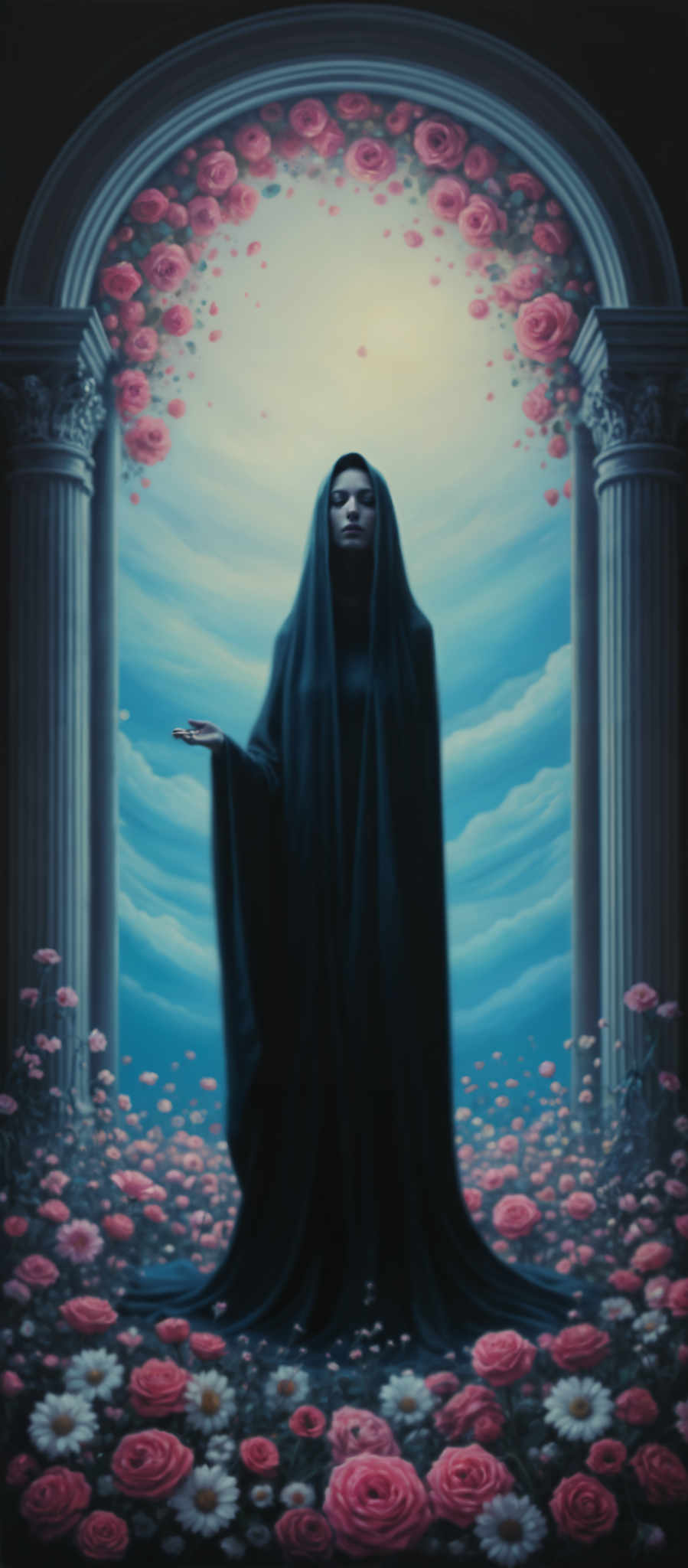 A woman in a black robe stands in front of columns and pink flowers.