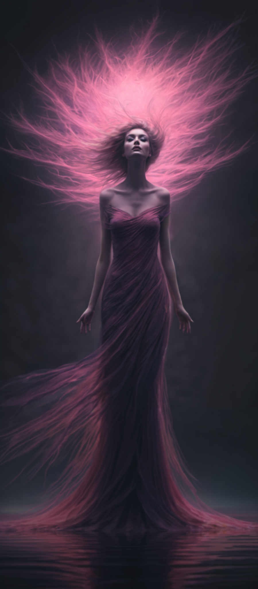 A woman in a long purple dress with a pink rose on her shoulder.