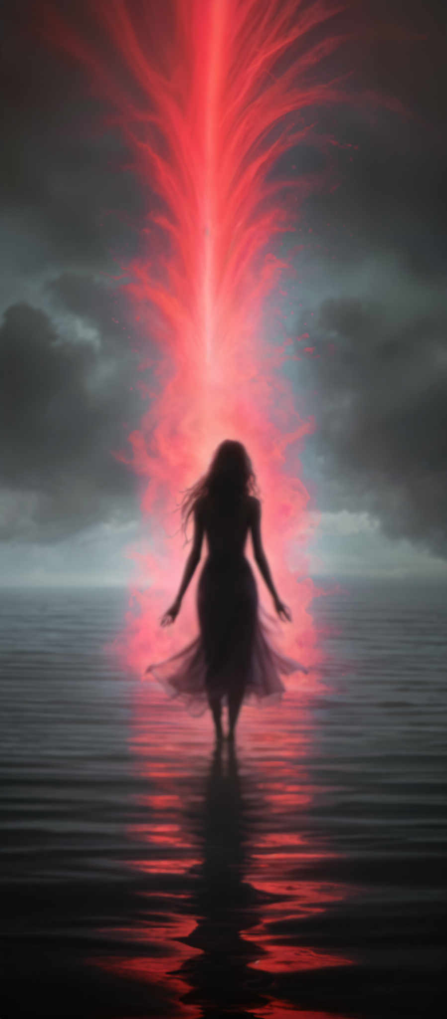 A woman in a flowing dress stands in the ocean surrounded by a pink and red glow.