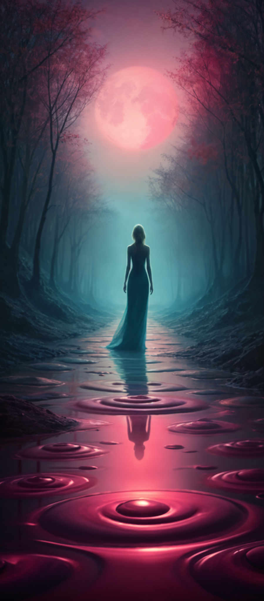 A woman in a blue dress walks through a forest at dusk.