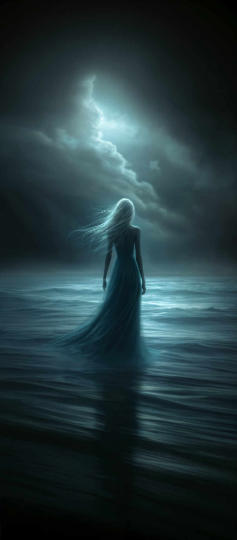 A woman in a blue dress stands in the ocean under a stormy sky.