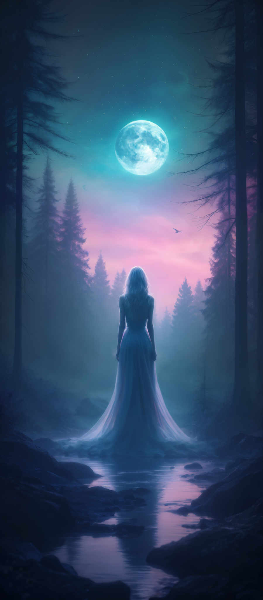 A woman in a blue dress stands in a forest under a full moon.