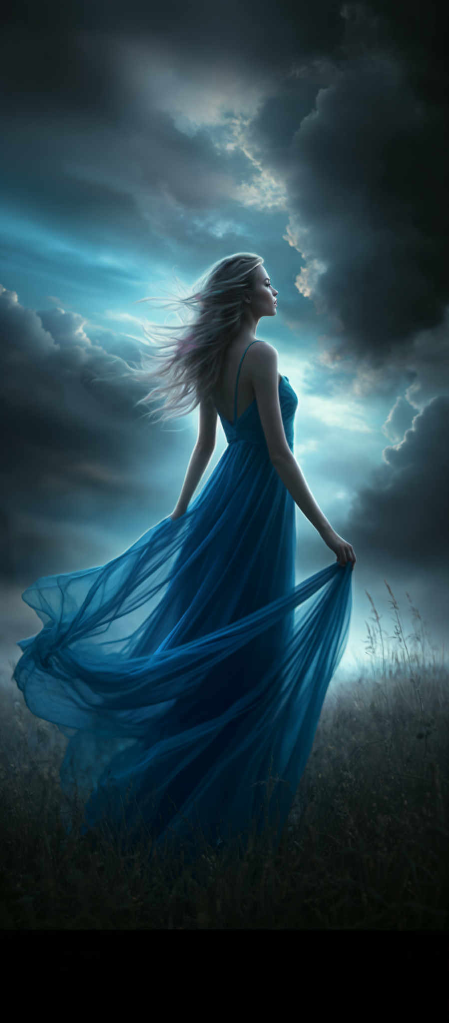 A woman in a blue dress stands in a field with her hair flowing in the wind.