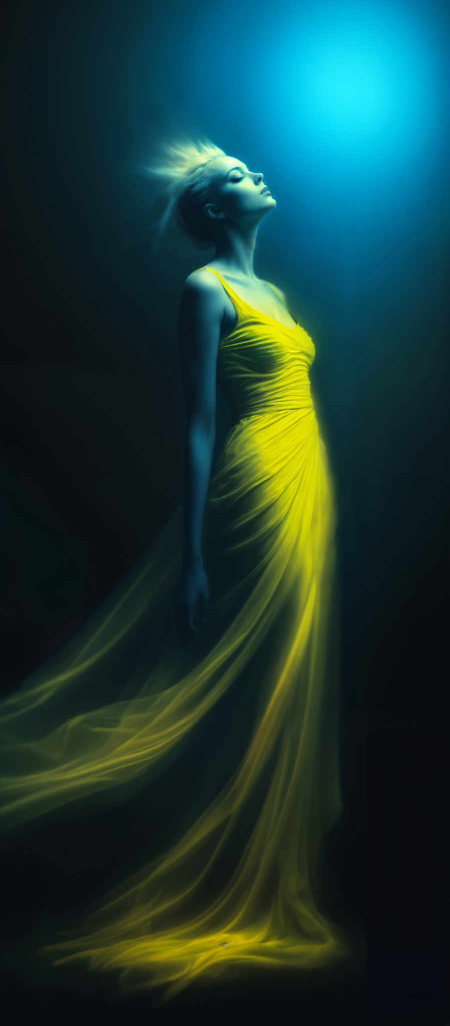 A woman in a yellow dress stands in a dark room.