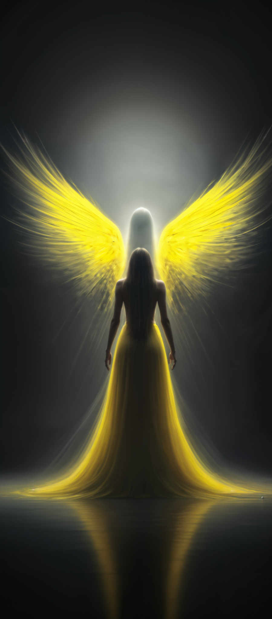 A woman with long hair and wings is wearing a yellow dress.