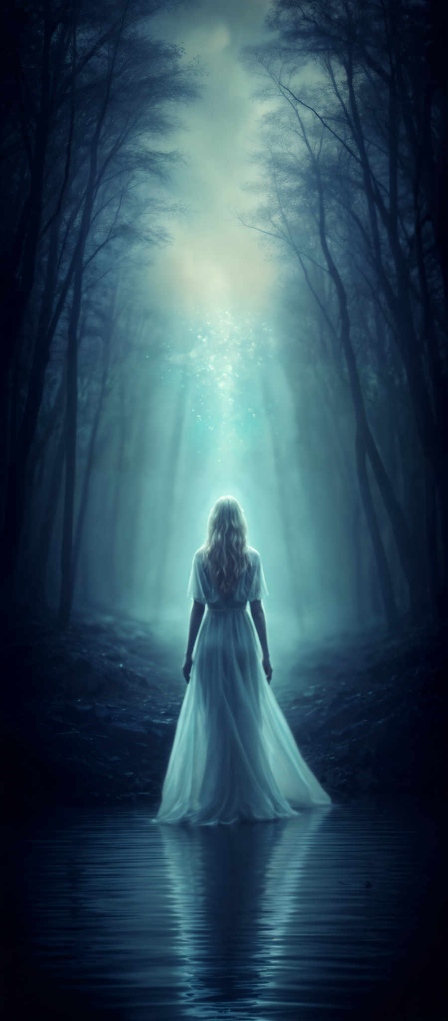 A woman in a white dress stands in a forest with a bright light shining down.