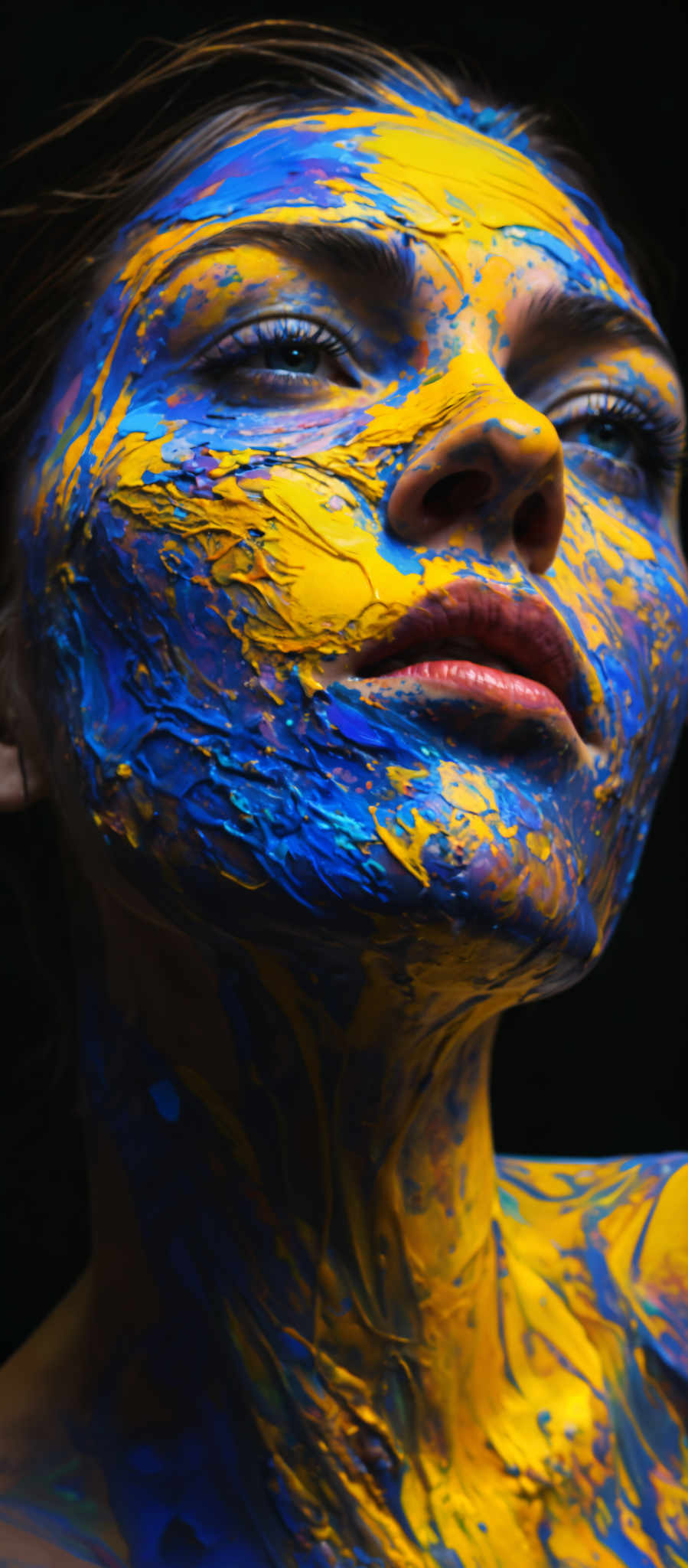 A close up of a face painted with blue and yellow paint. The paint is splattered and appears to be dripping down the face. The face is looking to the right.