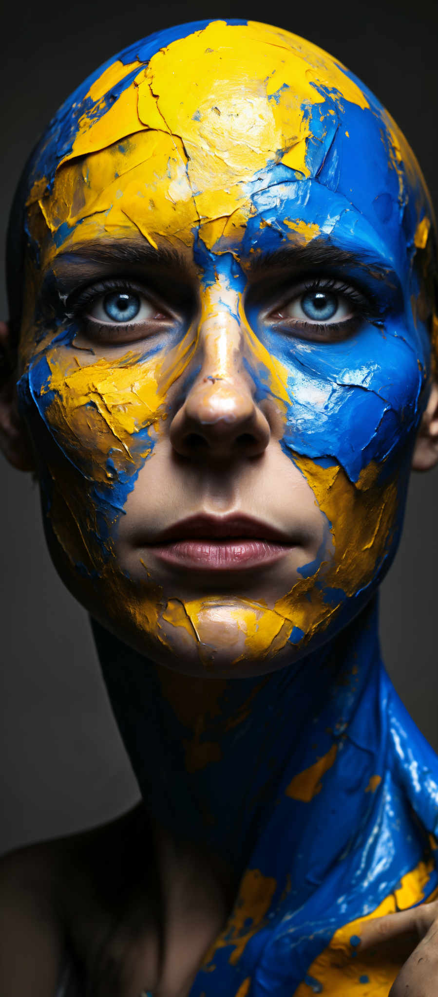 A woman with blue and yellow paint on her face.