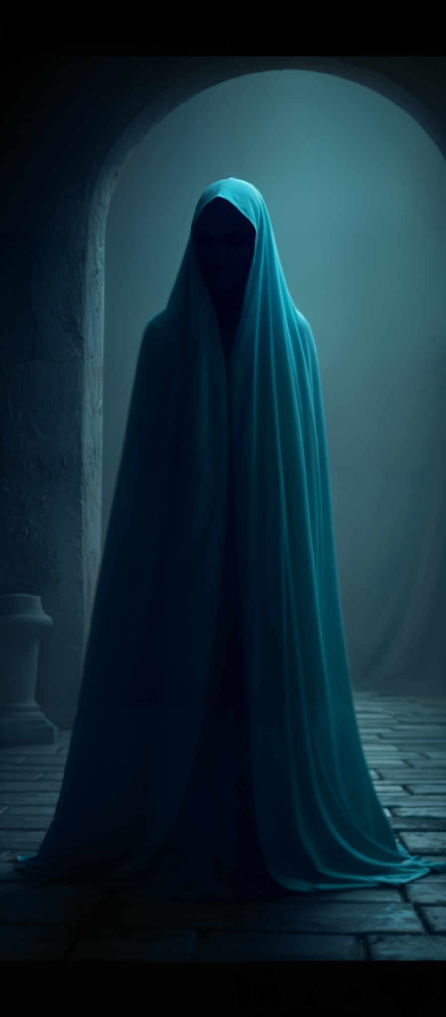 A blue robe with a hood is standing in a room.