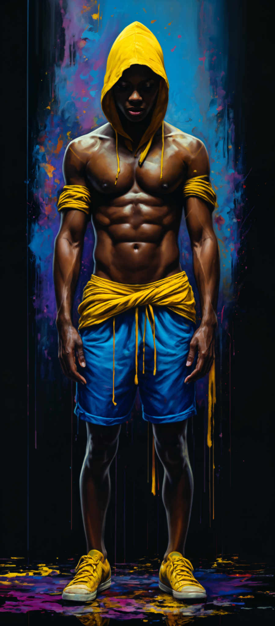 A muscular black man with yellow bandanas around his neck and waist. He is wearing blue shorts.