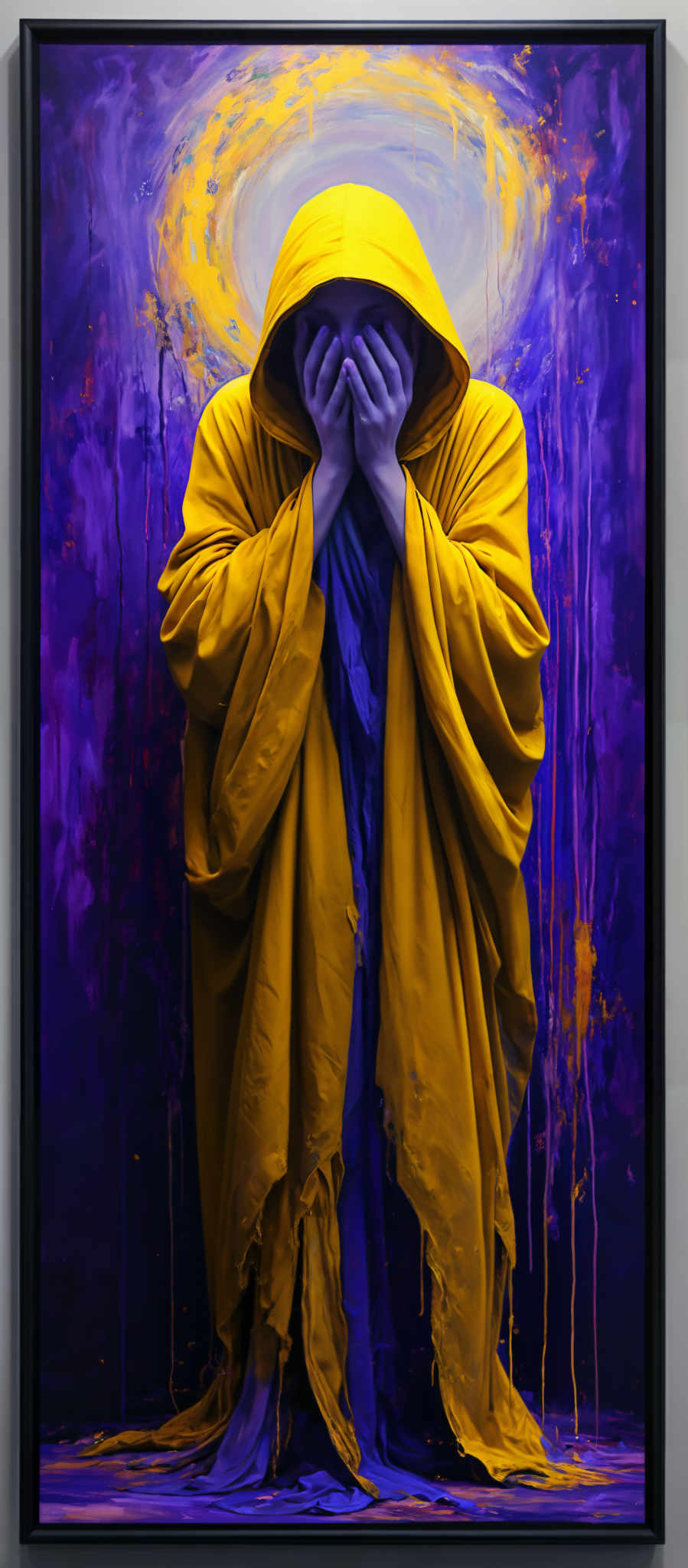 A painting of a person in a yellow robe with blue trim. The person is praying with their hands clasped together.