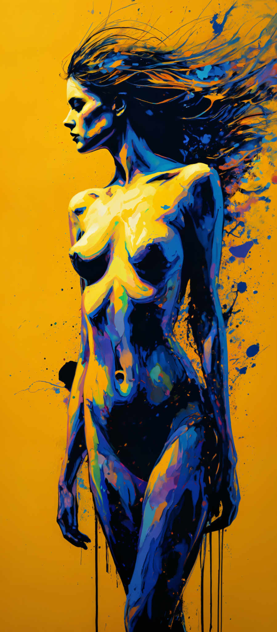 A woman with a blue and yellow body and black hair.