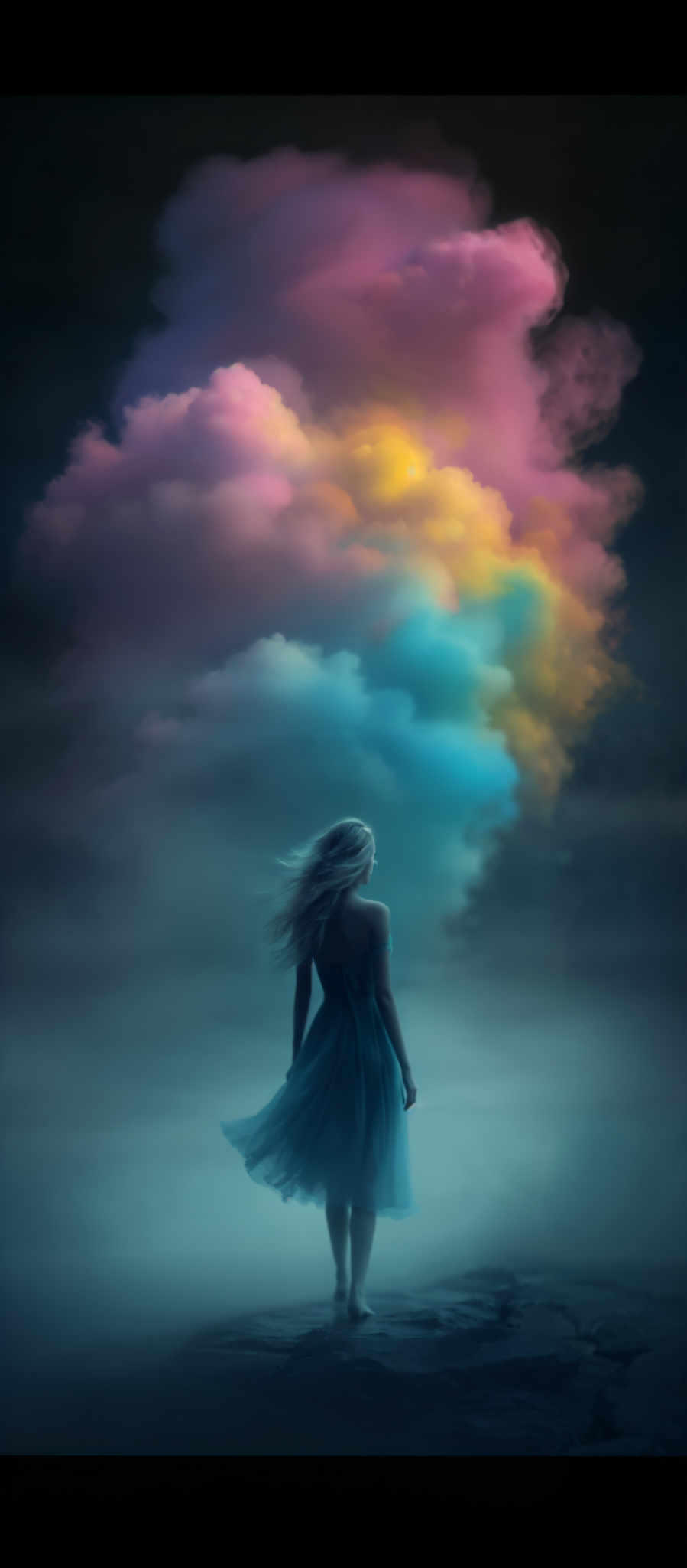 A woman in a blue dress stands in front of a colorful cloud.