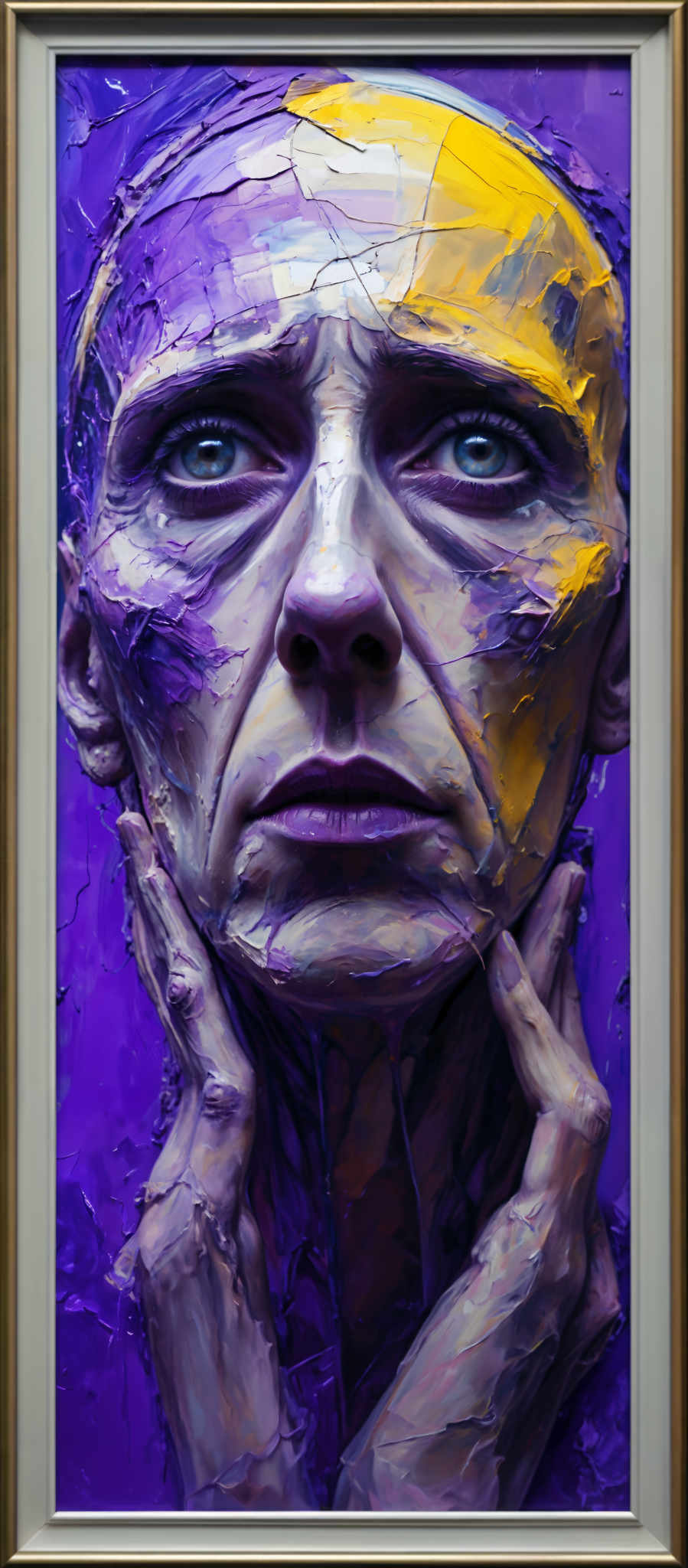 A close up of a face with purple and yellow paint on it.