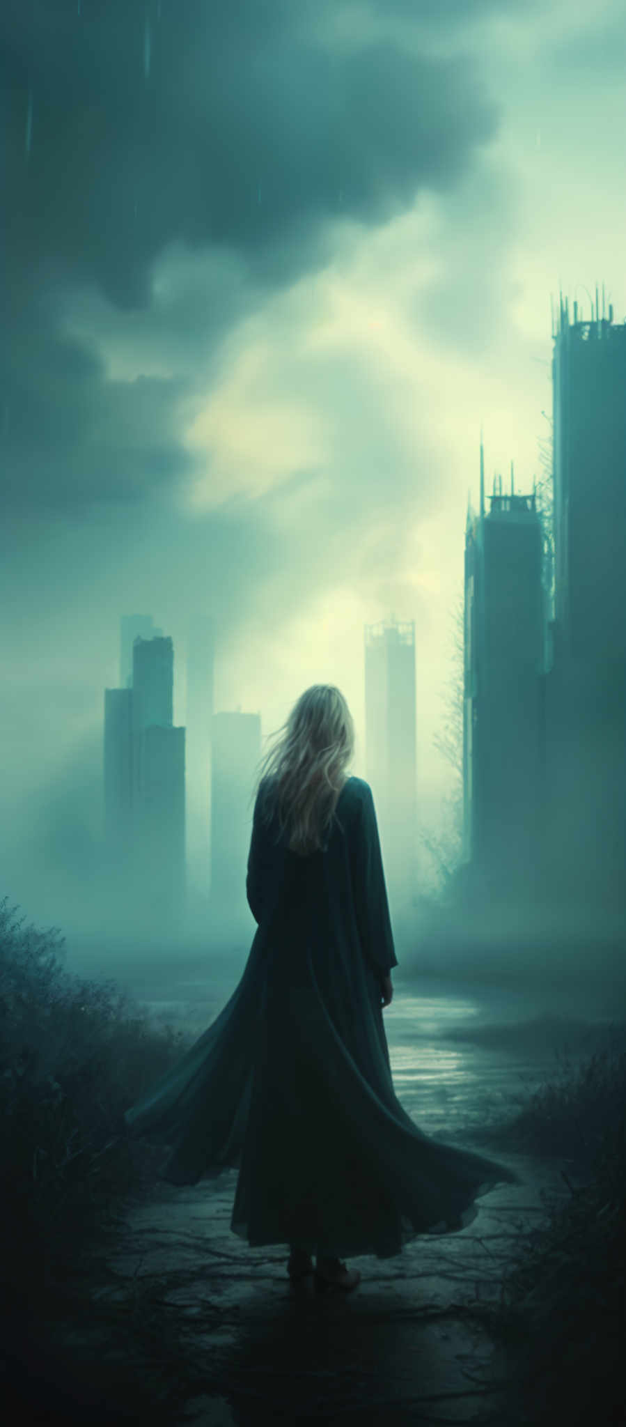 A woman in a long black coat stands in front of a city skyline.