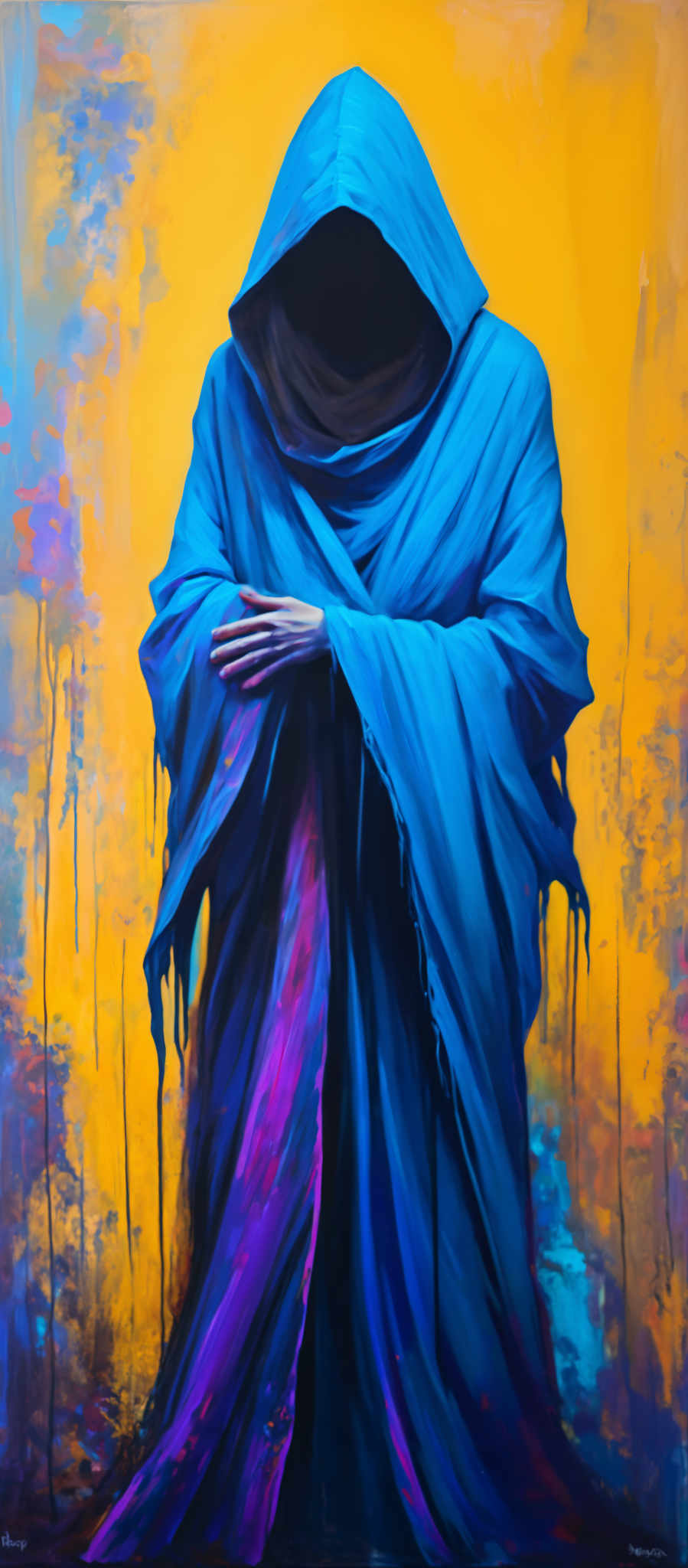 A woman in a blue robe with a purple scarf.