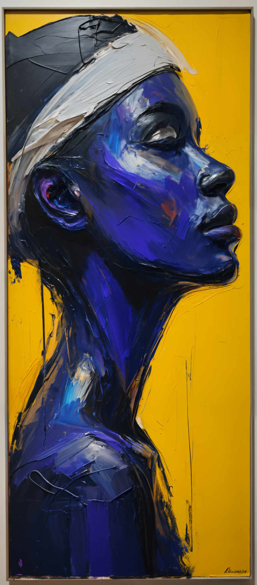 A painting of a woman's face in blue and yellow.