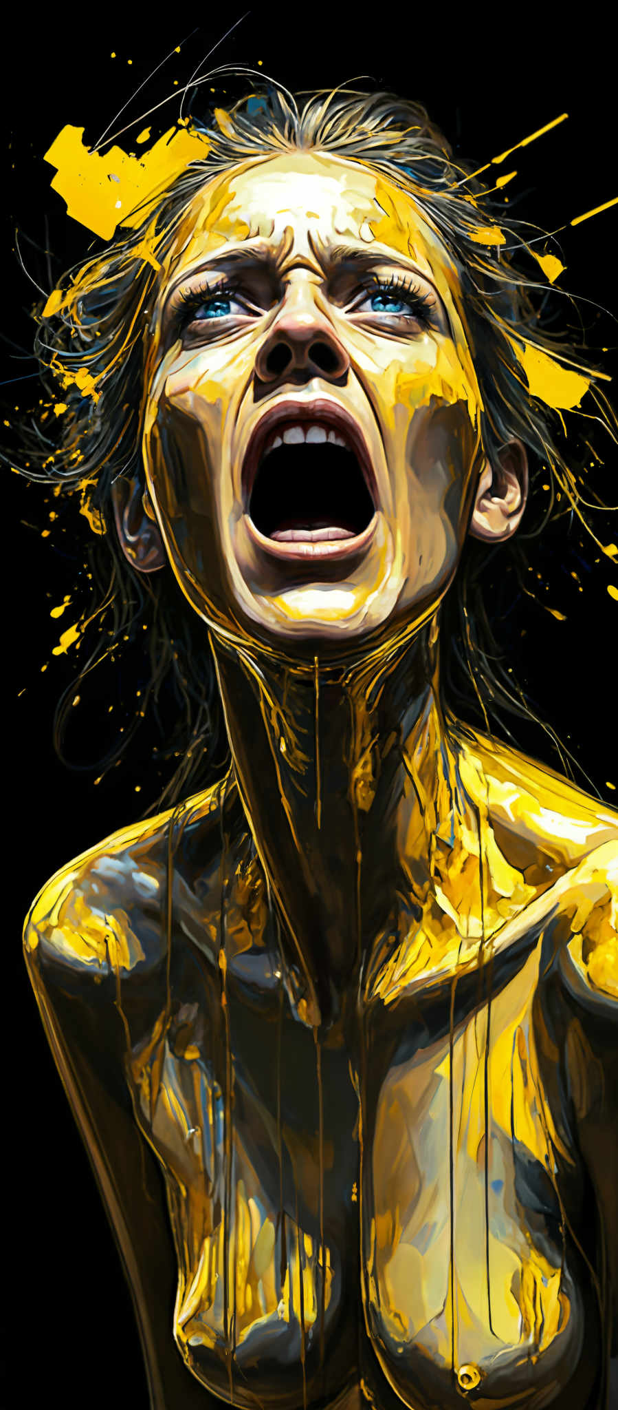 A woman with her mouth open and her eyes closed surrounded by yellow paint splatters.