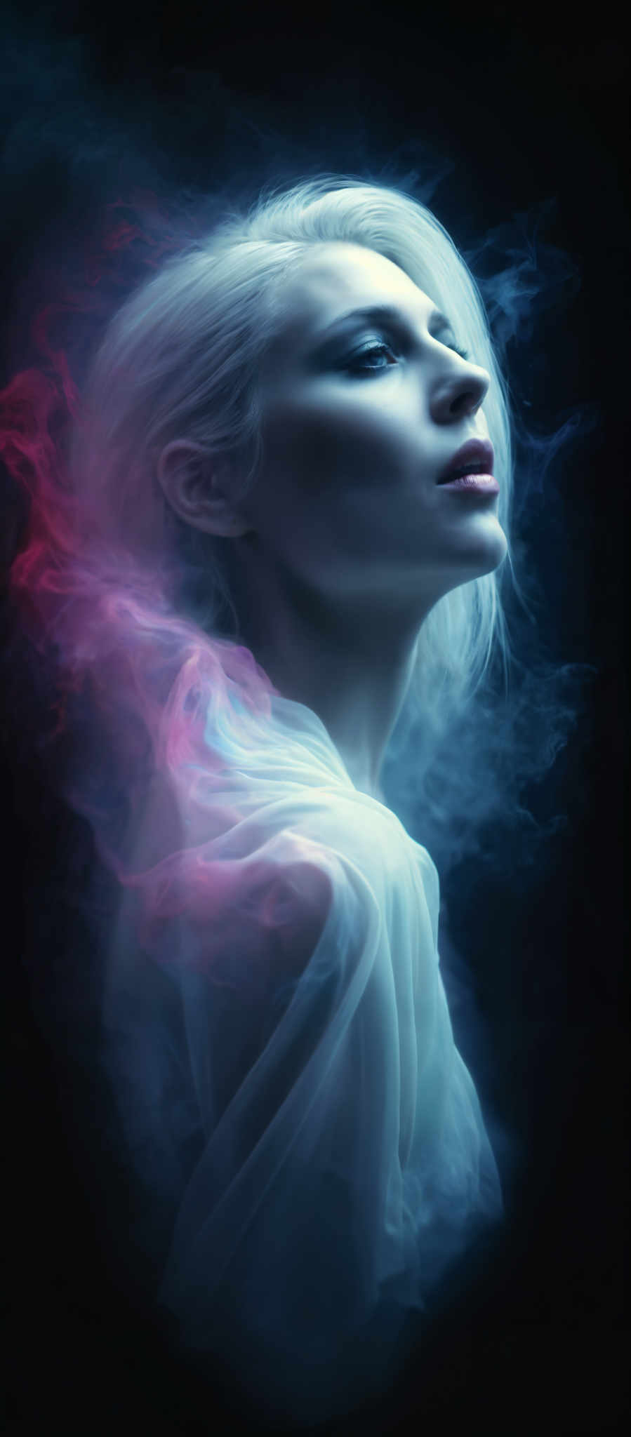 A woman with blonde hair is shown in profile. Her hair is styled in a loose wave and she is wearing a white scarf. The background is a blend of pink and blue smoke creating a dreamy and ethereal effect. The woman's gaze is directed upwards and to the left suggesting a sense of wonder or contemplation. The image is a digital art piece and the colors and lighting give it a surreal and otherworldly feel.