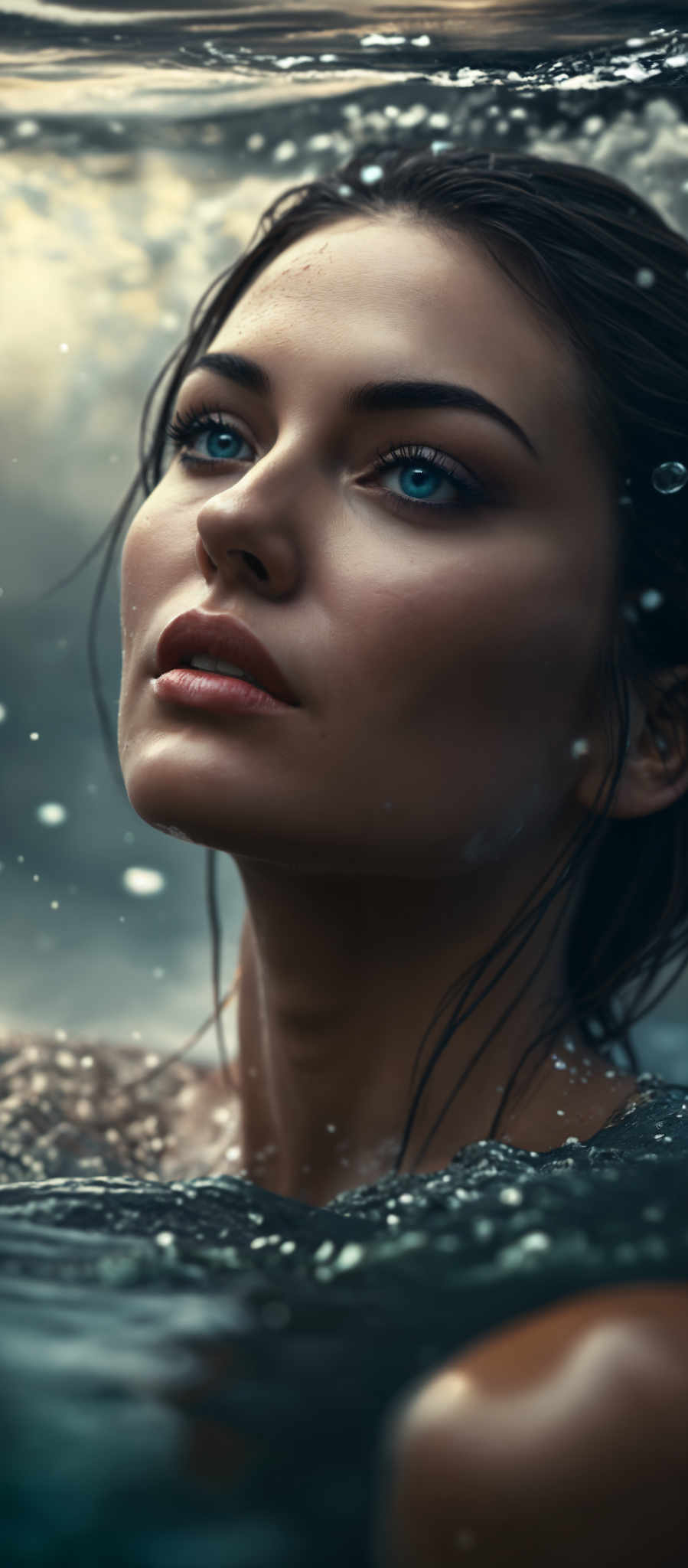 A woman with blue eyes and long brown hair is shown in a close up shot. She is wearing a black top and looking up with a serious expression.