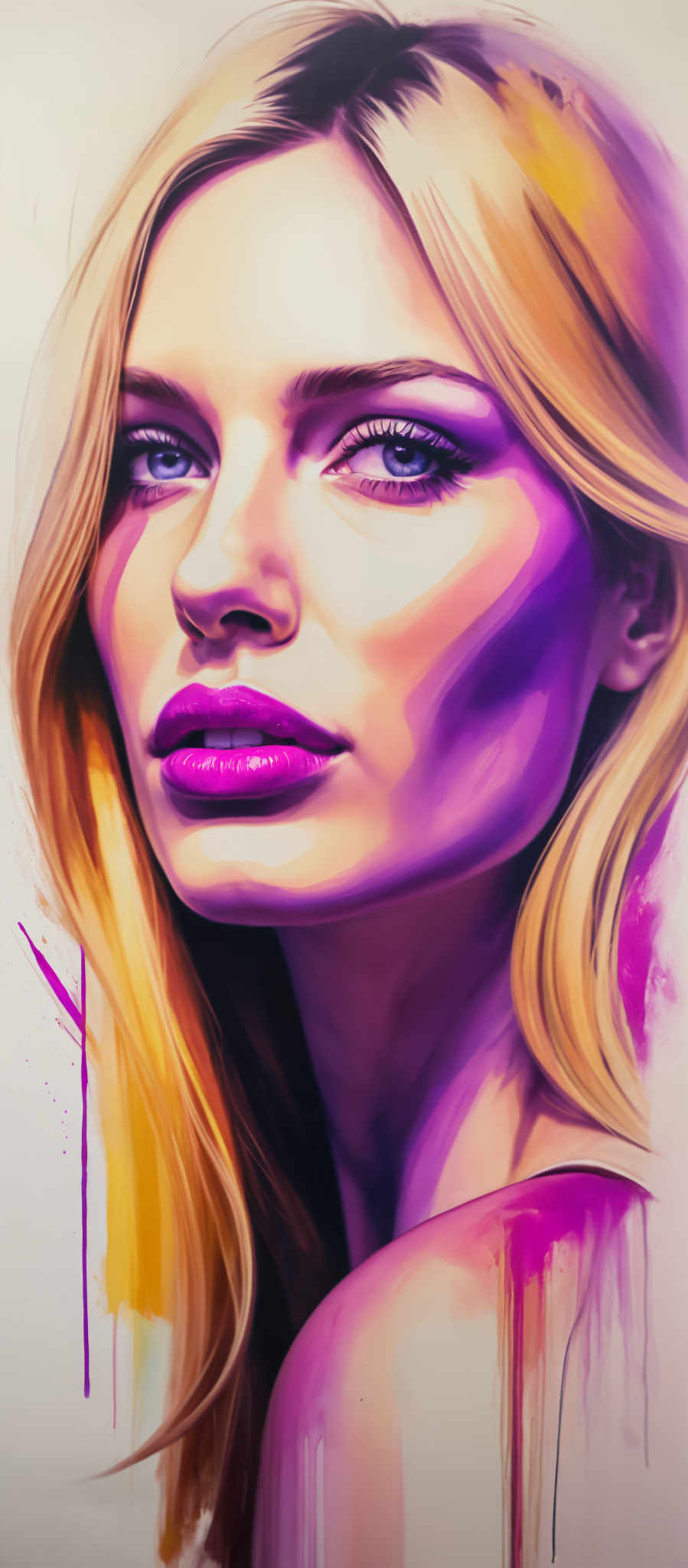 A woman with blonde hair and blue eyes is shown in a portrait. She is wearing a purple lipstick and has a serious expression on her face. The background is a blend of purple and pink colors.