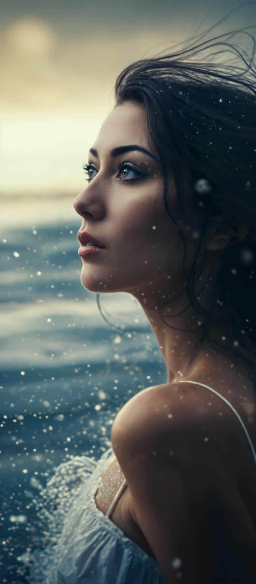 A woman with long black hair and blue eyes is looking up at the sky.