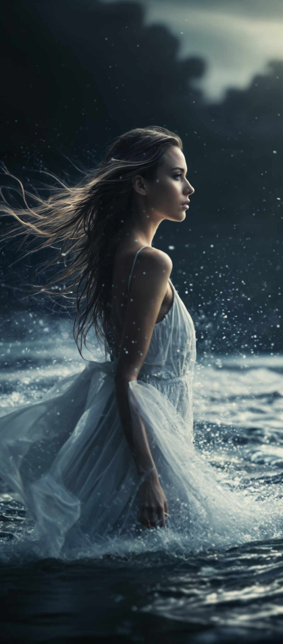 A woman in a white dress stands in the water her hair flowing in the wind.