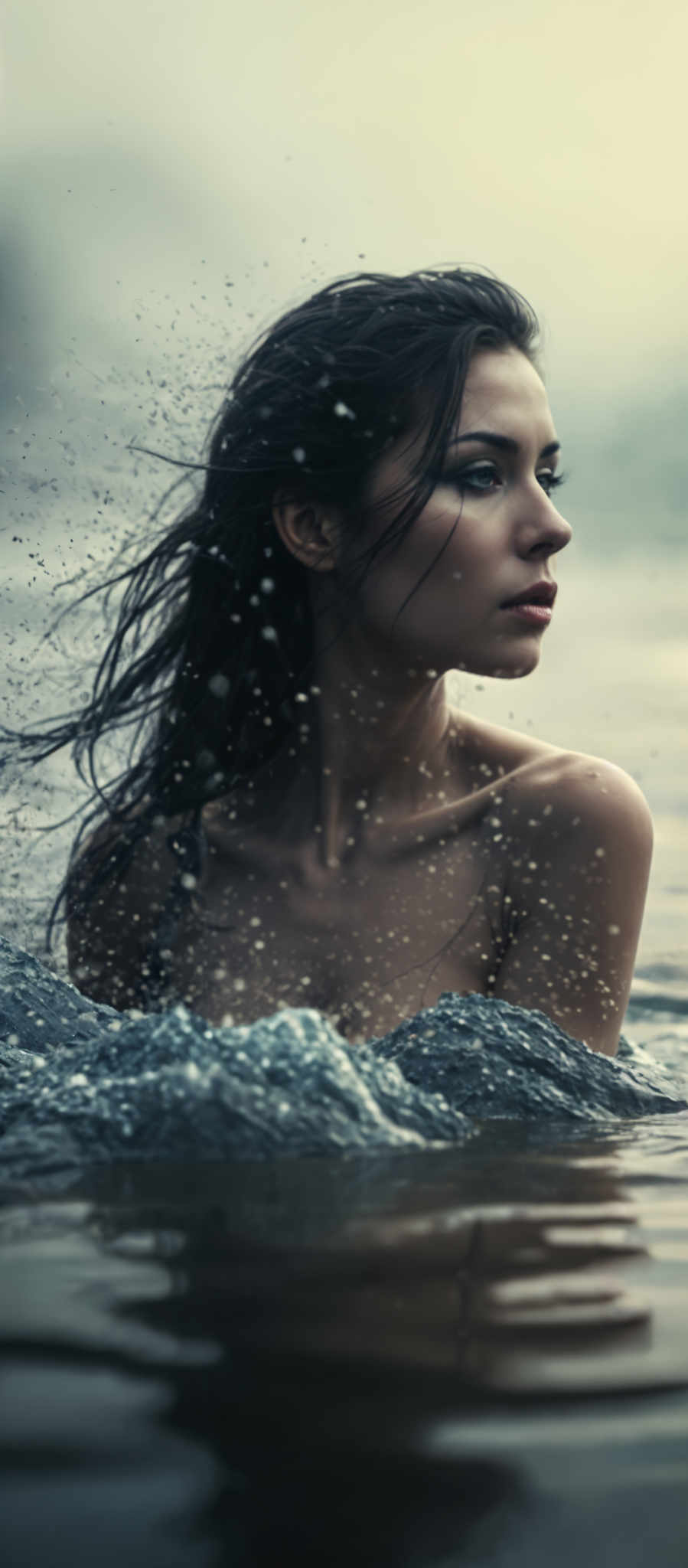 A woman with long black hair is shown in a close up shot. She is wearing a black top and is looking off to the side. The background is a blurred image of water and rocks.