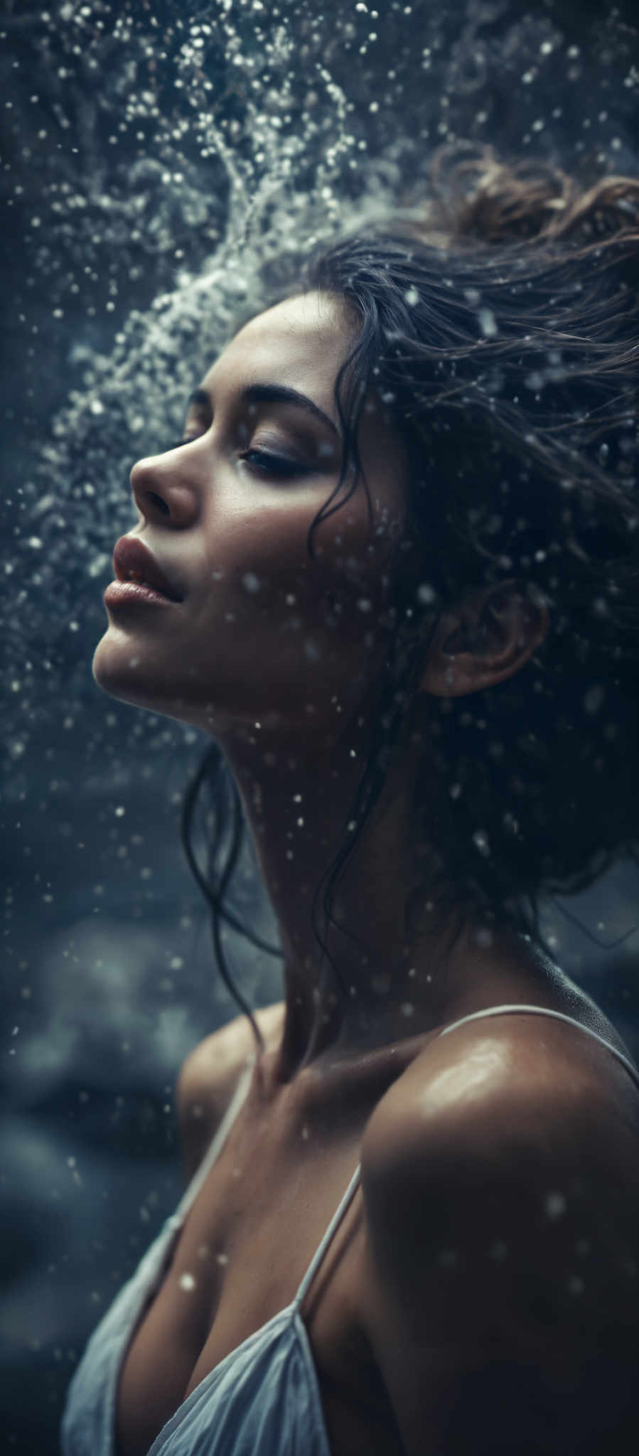 A woman with long dark hair is captured in a close-up shot. Her hair is wet and she is looking up her mouth slightly open. The background is a dark blue color with water droplets scattered throughout creating a sense of depth and texture. The woman's gaze and the upward angle of the shot give a sense that she is in a state of wonder or curiosity. The image does not contain any text or other discernible objects. The focus is solely on the woman and her interaction with the water droplet-filled background.