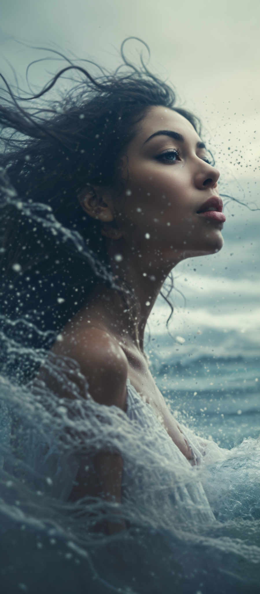 A woman with long hair is shown in a close up shot. She is wearing a white top and her hair is wet. The background is a blurred image of water.